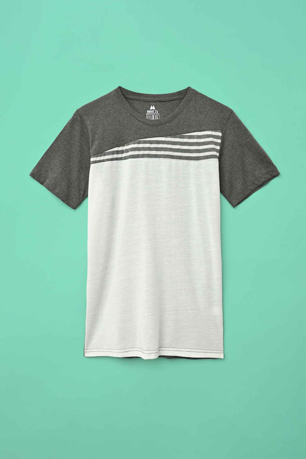 Elo Max 21 Men's Cutt & Sew With Stripes Crew Neck Tee Shirt White & Grey