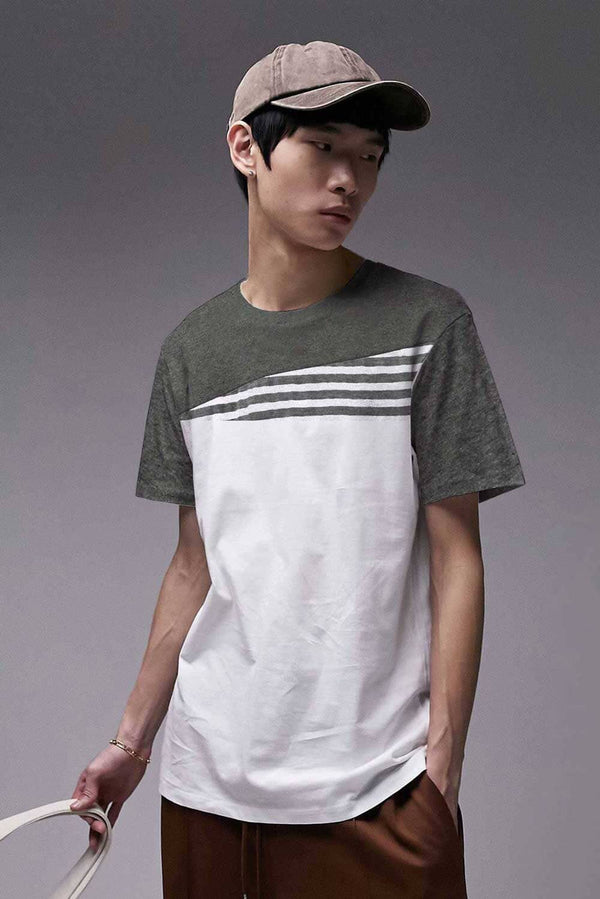 elo Max 21 Men's Cutt & Sew With Stripes Crew Neck Tee Shirt White & Grey