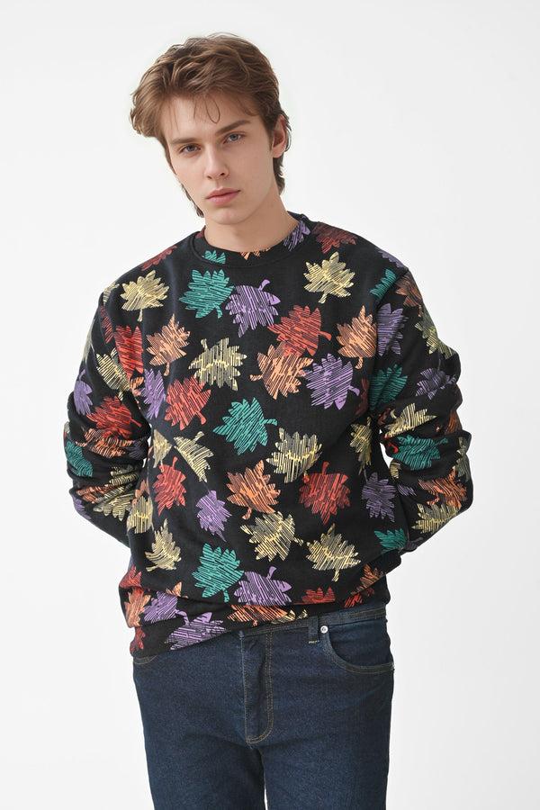 Elo Max 21 Men's Leaf Printed Long Sleeve Fleece Sweat Shirt Black