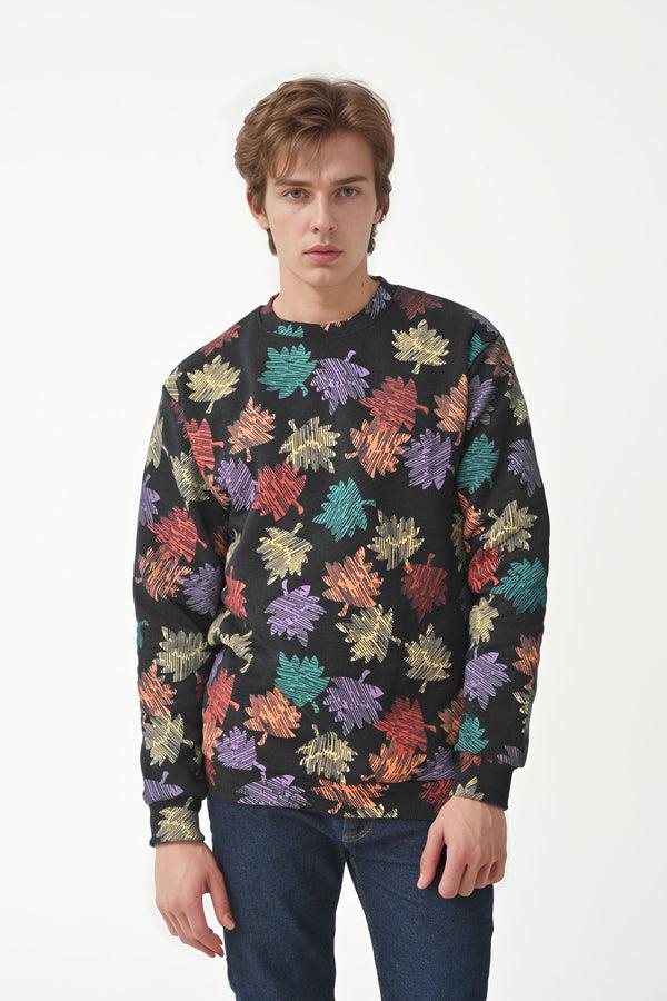 Elo Max 21 Men's Leaf Printed Long Sleeve Fleece Sweat Shirt Black