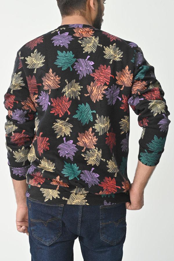 Elo Max 21 Men's Leaf Printed Long Sleeve Fleece Sweat Shirt Black