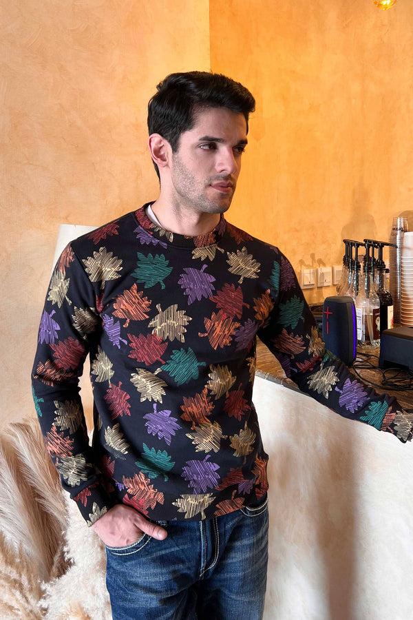 elo Max 21 Men's Leaf Printed Long Sleeve Fleece Sweat Shirt Black