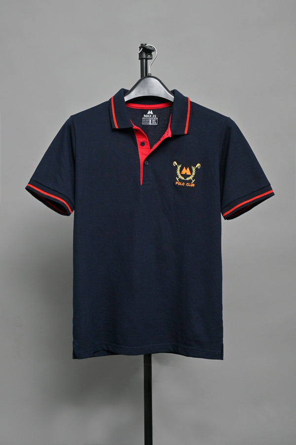 Elo Max 21 Men's Logo Embroidered Contrast Placket Design Classic Polo Shirt Navy