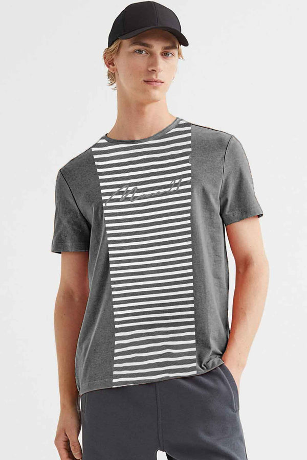 elo Max 21 Men's Logo Printed Stripes Style Short Sleeve Tee Shirt White & Charcoal