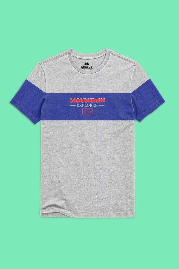 elo Max 21 Men's Panel Design Mountain Explorer Printed Crew Neck Tee Shirt Heather Grey & Royal