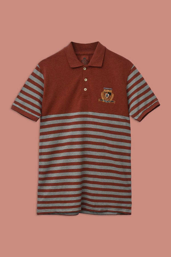 elo Max 21 Men's Stripes Style Logo Embroidered Polo Shirt Grey & Brick Red