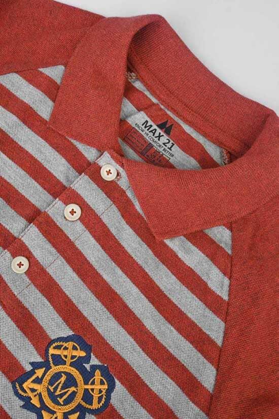 Elo Max 21 Men's Stripes Style M Embroidered Raglan Polo Shirt Brick & Grey