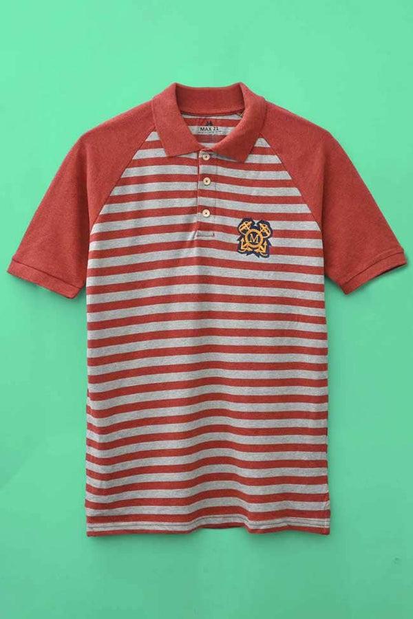 elo Max 21 Men's Stripes Style M Embroidered Raglan Polo Shirt Brick & Grey