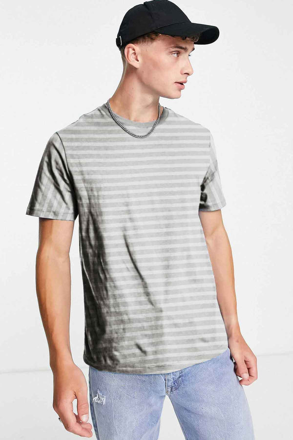 elo Max 21 Men's Stripes Style Short Sleeve Tee Shirt White & Grey