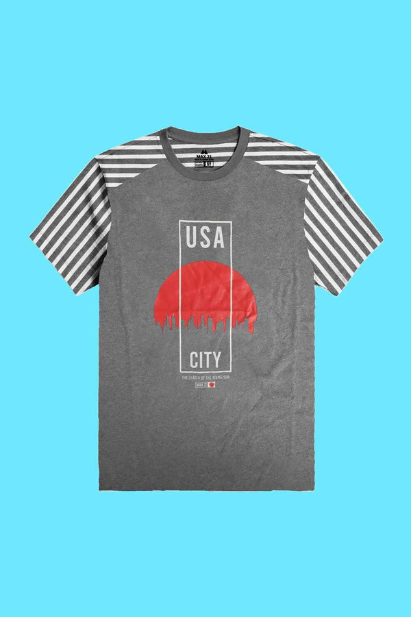 elo Max 21 Men's USA City Printed Stripes Style Short Sleeve Tee Shirt White & Charcoal