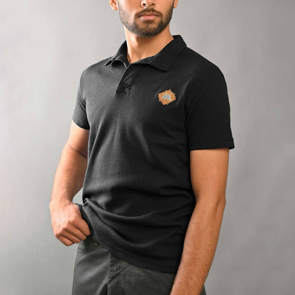 elo Max 21 Men's Waffle Knit Logo Embroidered Classic Polo Shirt Black