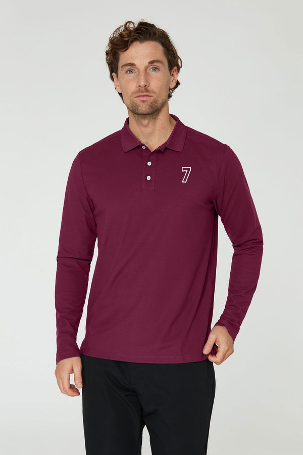 elo Men's 7 Embroidered Long Sleeve Polo Shirt Burgundy