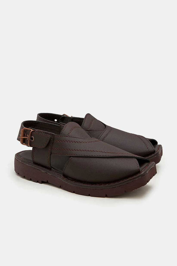 elo Men's Bartica Double Stitch Design Peshawari Chappal Chocolate