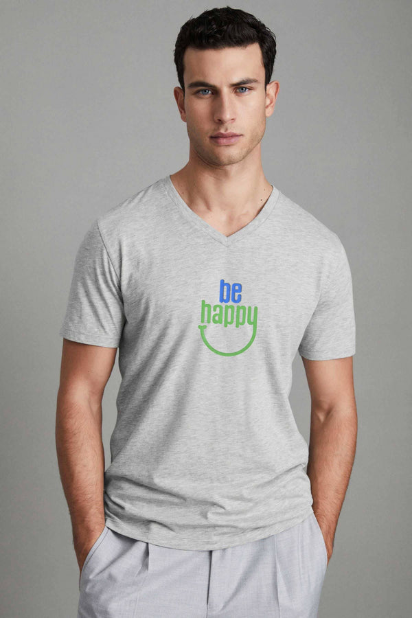 Elo Men's Be Happy Printed V Neck Short Sleeve Tee Shirt Silver Marl