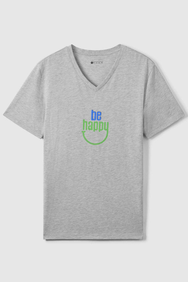 Elo Men's Be Happy Printed V Neck Short Sleeve Tee Shirt Silver Marl