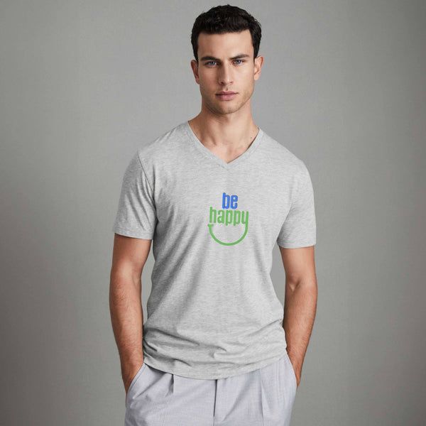 elo Men's Be Happy Printed V Neck Short Sleeve Tee Shirt Silver Marl