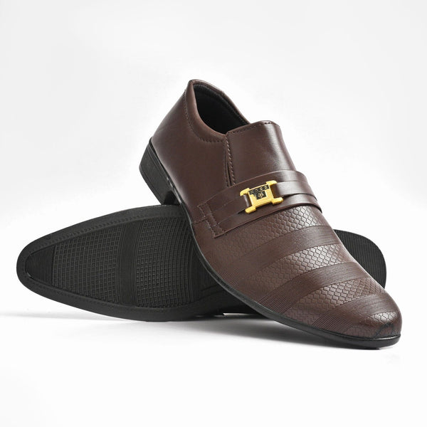elo Men's Buckle Style PU Leather Formal Shoes Chocolate
