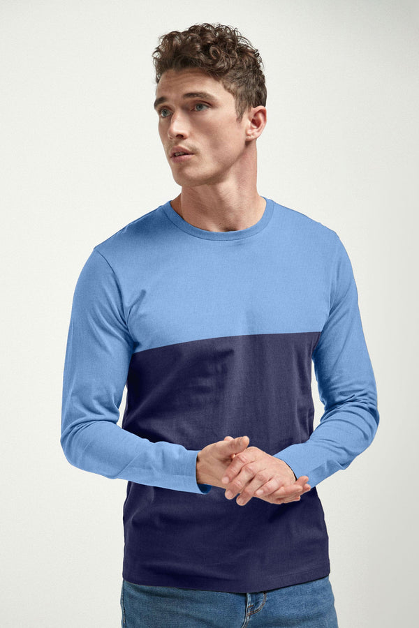 Elo Men's Contrast Design Crew Neck Long Sleeve Tee Shirt Brown & Mustard