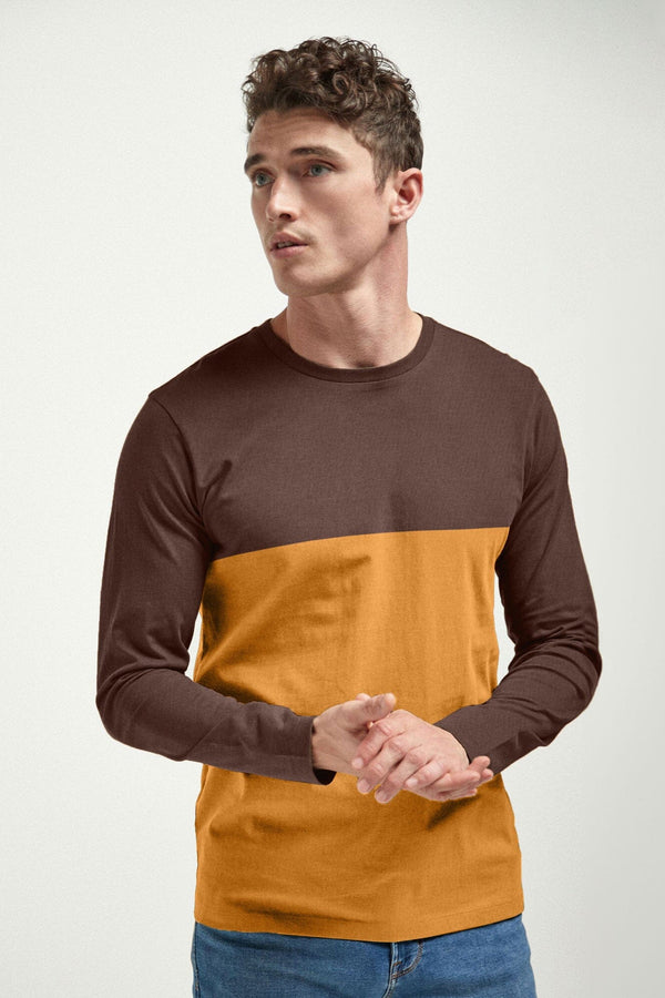 elo Men's Contrast Design Crew Neck Long Sleeve Tee Shirt Brown & Mustard
