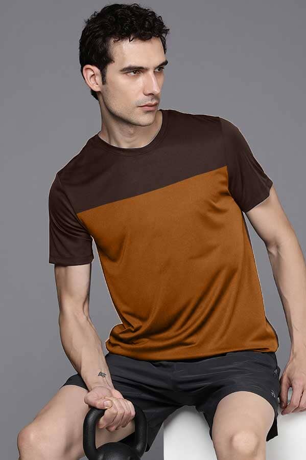 Elo Men's Contrast Panel Style Crew Neck Tee Shirt Brown & Mustard