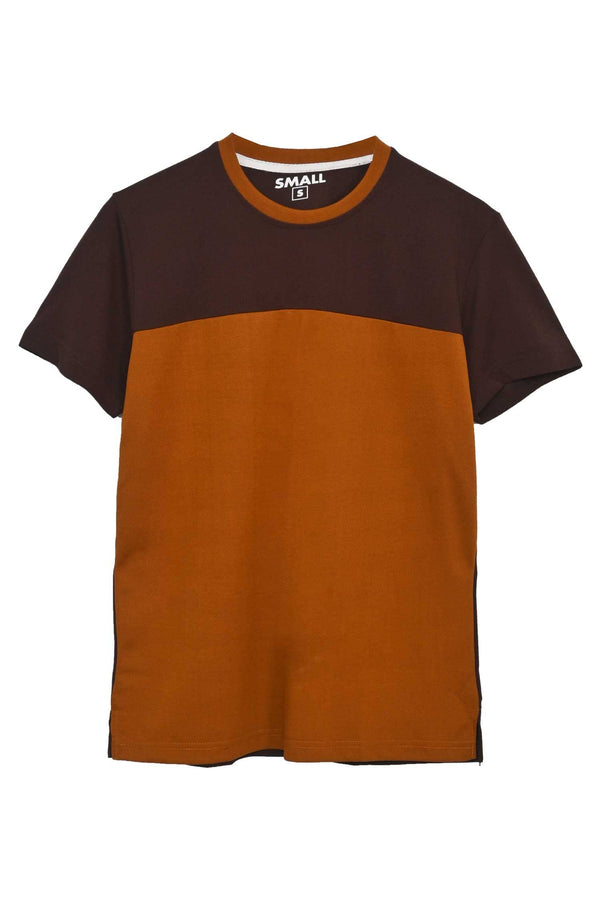Elo Men's Contrast Panel Style Crew Neck Tee Shirt Brown & Mustard
