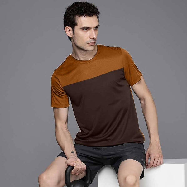 Elo Men's Contrast Panel Style Crew Neck Tee Shirt Brown & Mustard