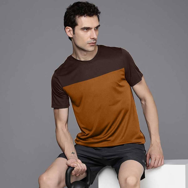 elo Men's Contrast Panel Style Crew Neck Tee Shirt Brown & Mustard