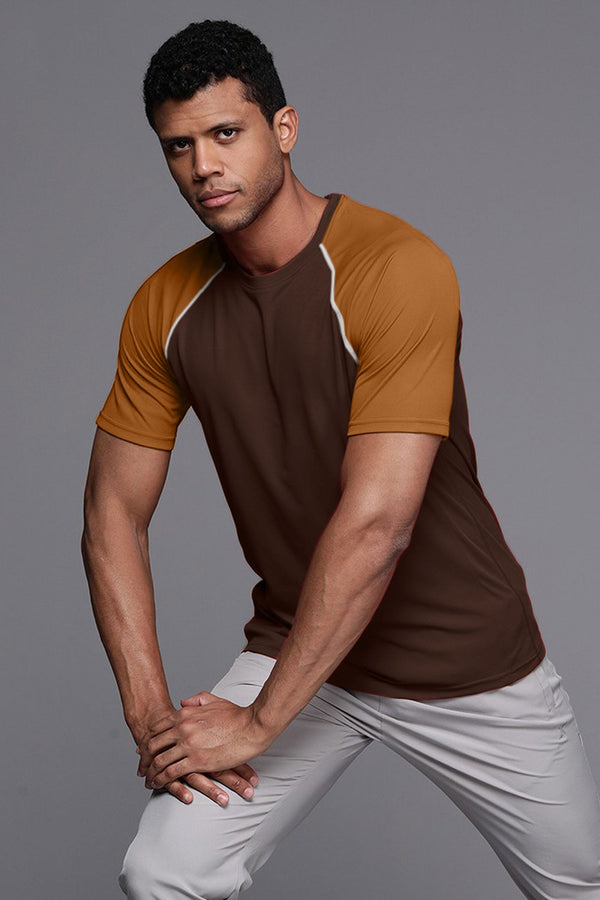 Elo Men's Contrast Raglan Sleeve Classic Crew Neck Tee Shirt Brown & Chocolate