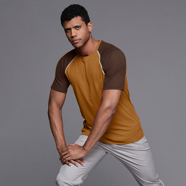 elo Men's Contrast Raglan Sleeve Classic Crew Neck Tee Shirt Brown & Chocolate