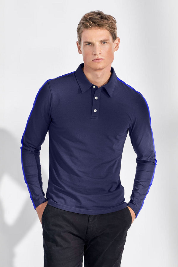 elo Men's Contrast Striped Design Long Sleeve Polo Shirt Navy