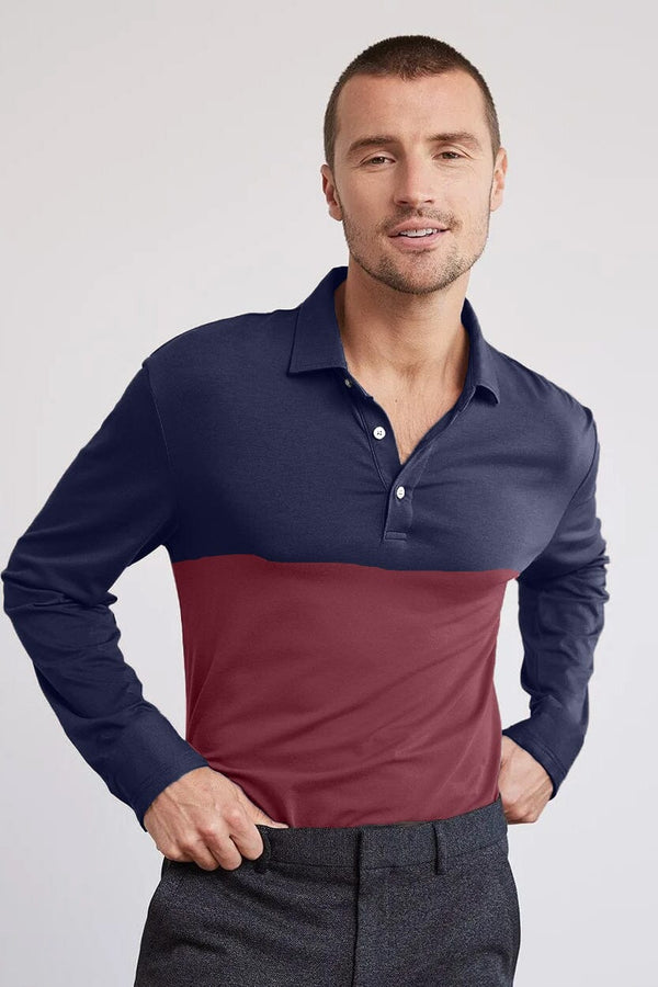Elo Men's Contrast Style Long Sleeve Polo Shirt Maroon & Navy