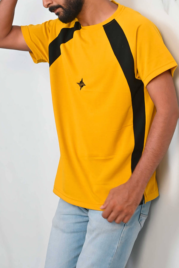 Elo Men's Contrast Style Raglan Sleeve Logo Embroidered Tee Shirt Black & Yellow