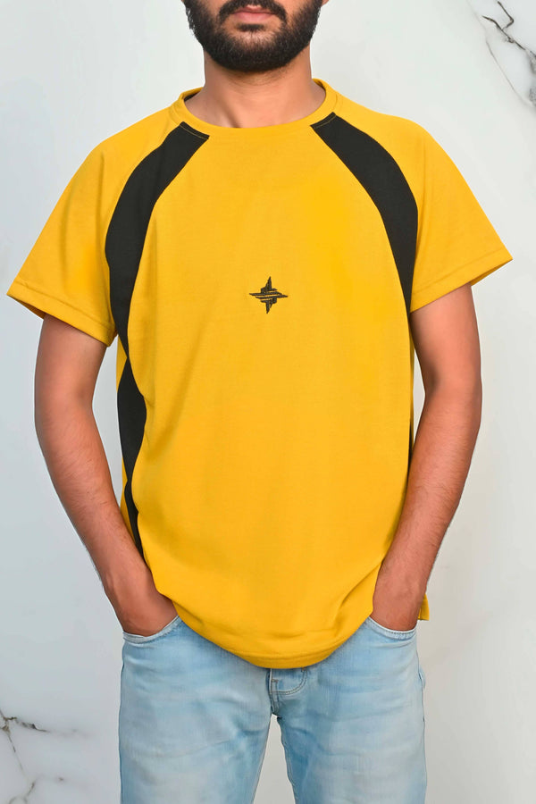 Elo Men's Contrast Style Raglan Sleeve Logo Embroidered Tee Shirt Black & Yellow