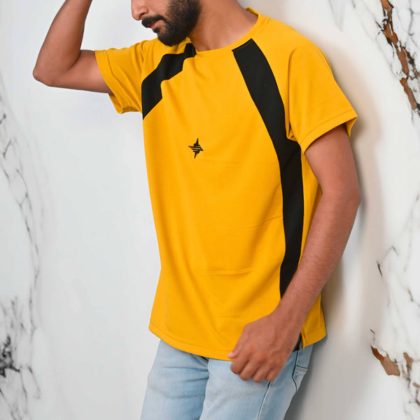 Elo Men's Contrast Style Raglan Sleeve Logo Embroidered Tee Shirt Black & Yellow