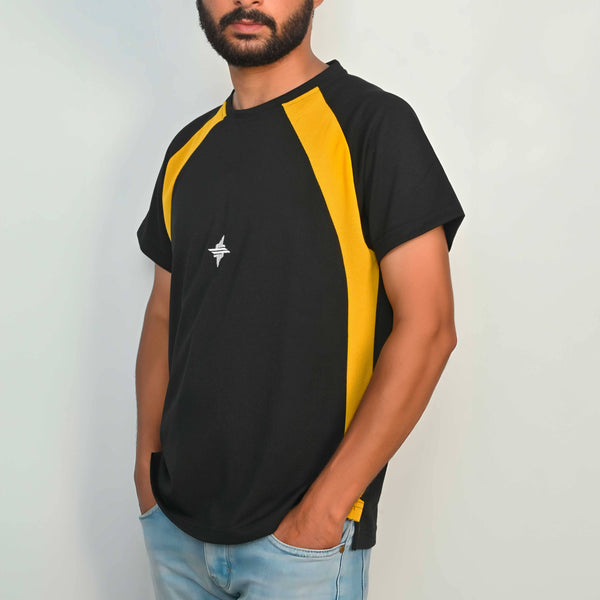 elo Men's Contrast Style Raglan Sleeve Logo Embroidered Tee Shirt Black & Yellow