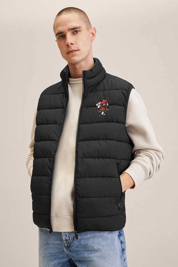 elo Men's Double Pony Embroidered Body Warmer Puffer Gilet Black