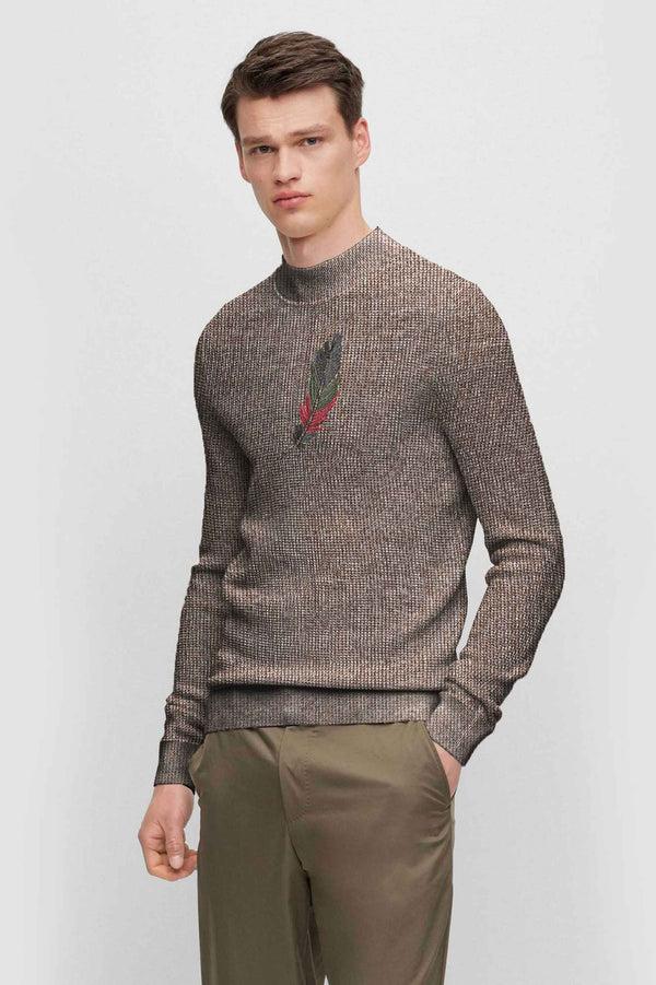 Elo Men's Feather Pattern Design Mock Neck Sweater Grey