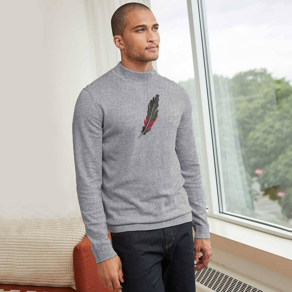 elo Men's Feather Pattern Design Mock Neck Sweater Grey