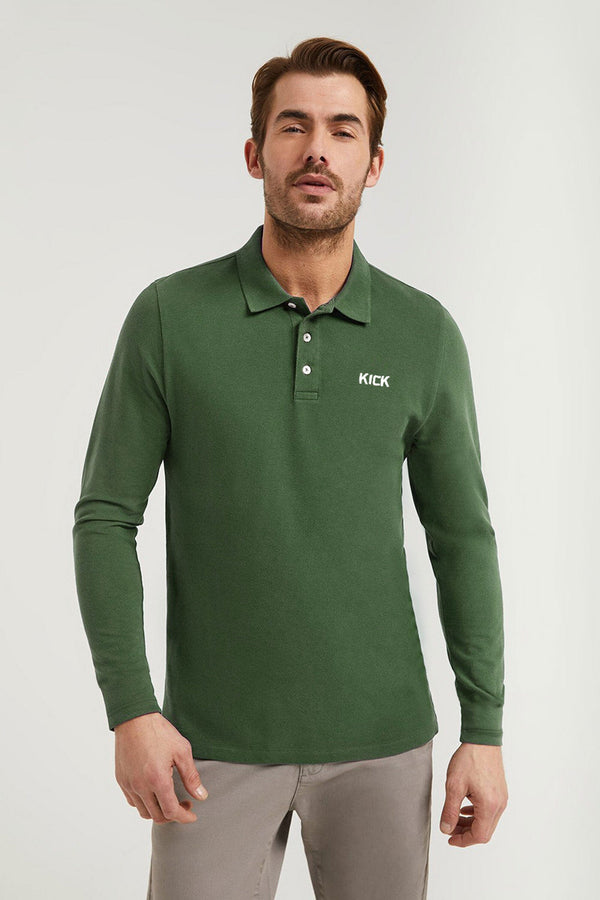 elo Men's Kick Embroidered Long Sleeve Polo Shirt Bottle Green
