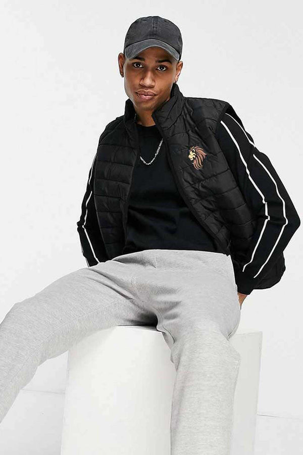 elo Men's Lion Embroidered Body Warmer Puffer Gilet Black
