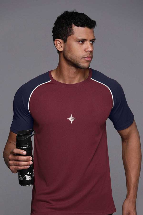 Elo Men's Logo Embroidered Contrast Raglan Sleeve Classic Crew Neck Tee Shirt Maroon & Navy