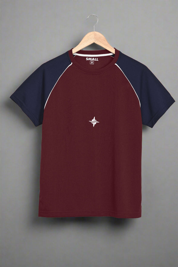 Elo Men's Logo Embroidered Contrast Raglan Sleeve Classic Crew Neck Tee Shirt Maroon & Navy
