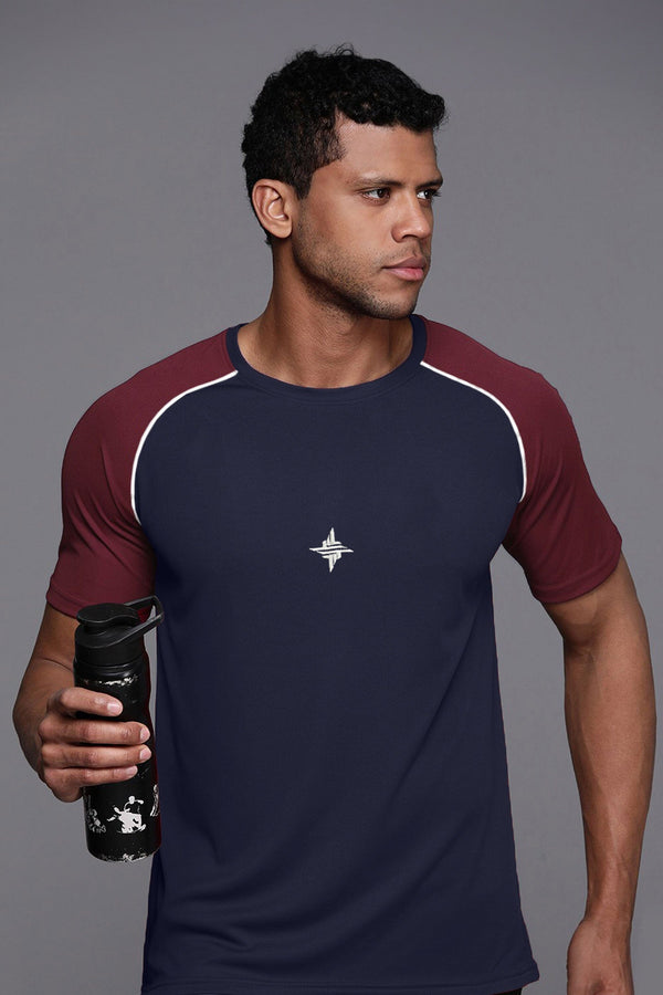 Elo Men's Logo Embroidered Contrast Raglan Sleeve Classic Crew Neck Tee Shirt Maroon & Navy
