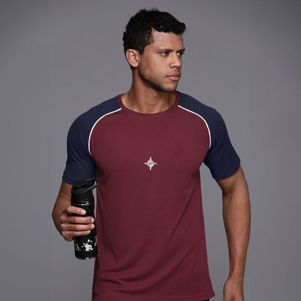 elo Men's Logo Embroidered Contrast Raglan Sleeve Classic Crew Neck Tee Shirt Maroon & Navy