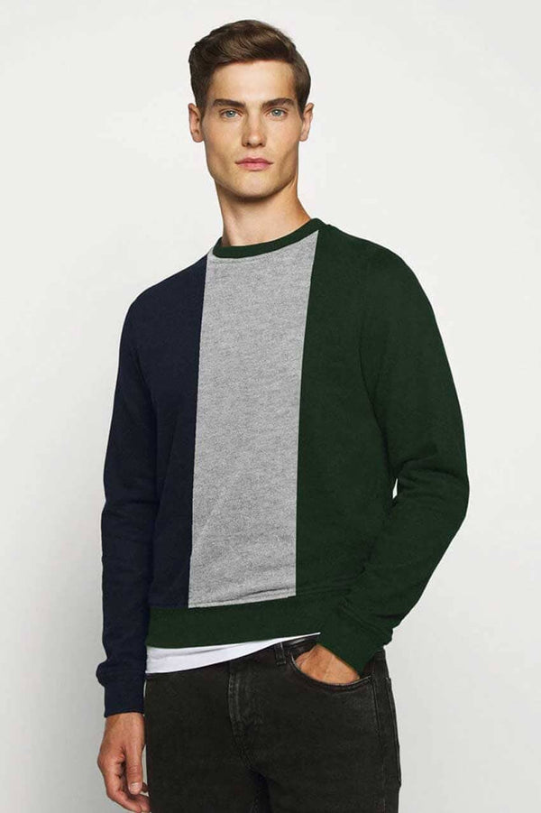 Elo Men's Merlo Panels Design Long Sleeve Fleece Sweat Shirt Bottle Green & Navy