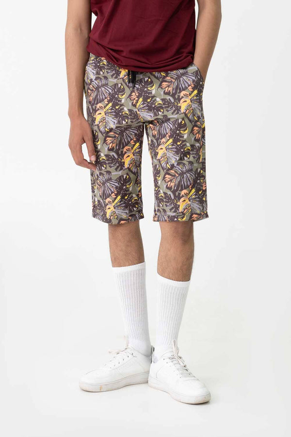 Elo Men's Monstera Leaf Printed Cotton Shorts Olive`