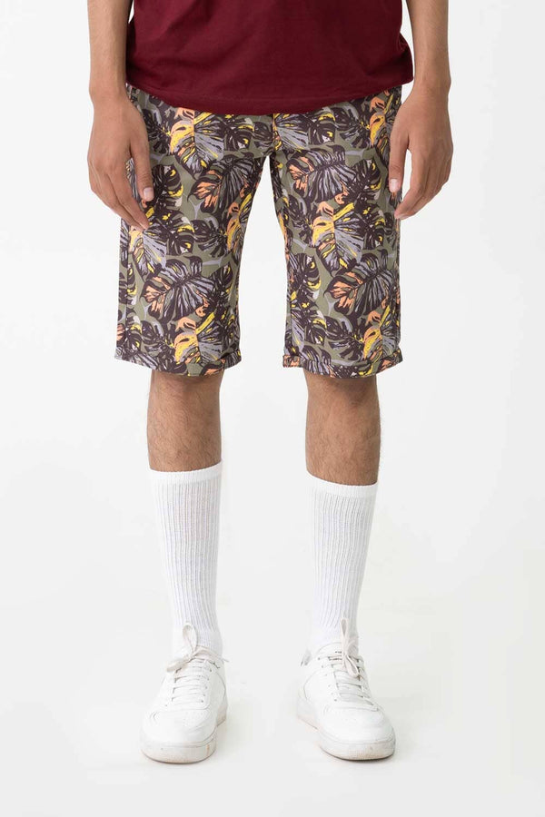 Elo Men's Monstera Leaf Printed Cotton Shorts Olive`