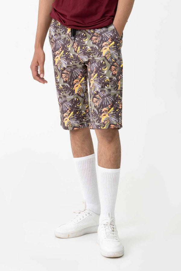 elo Men's Monstera Leaf Printed Cotton Shorts Olive`