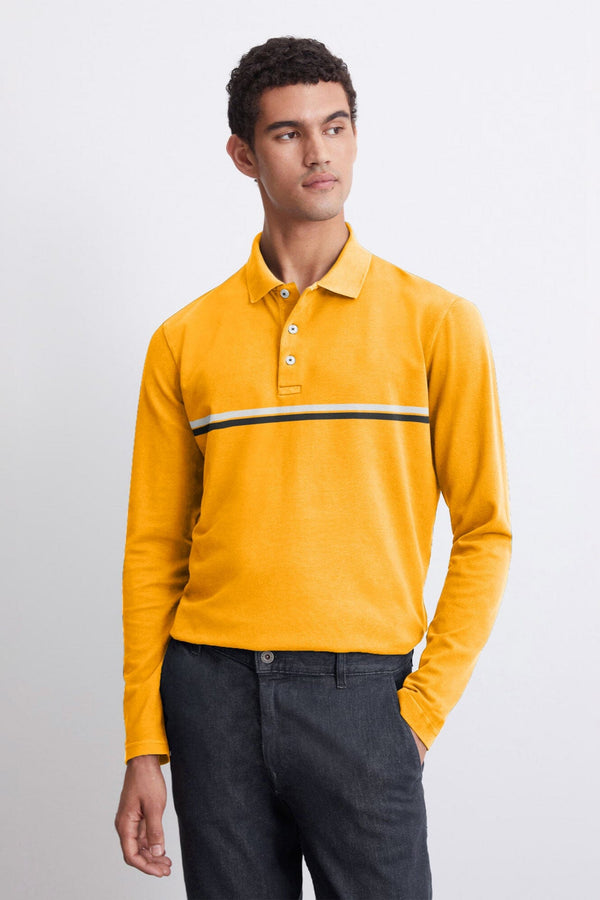elo Men's Montreal Striped Long Sleeve Polo Shirt Yellow