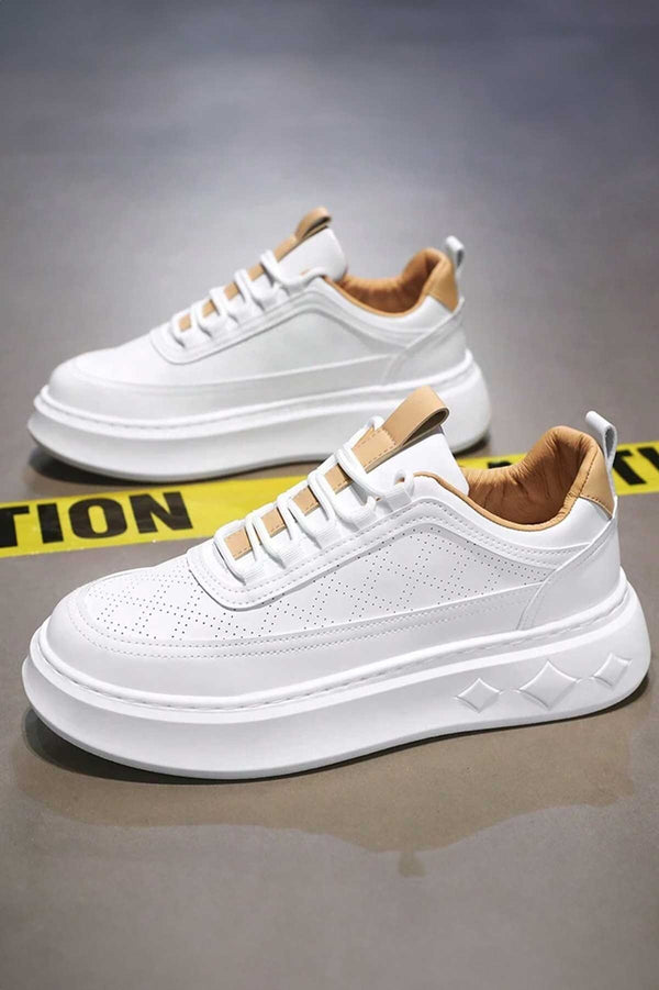 Elo Men's Premium Lace-Up Chunky Sneakers White & Brown